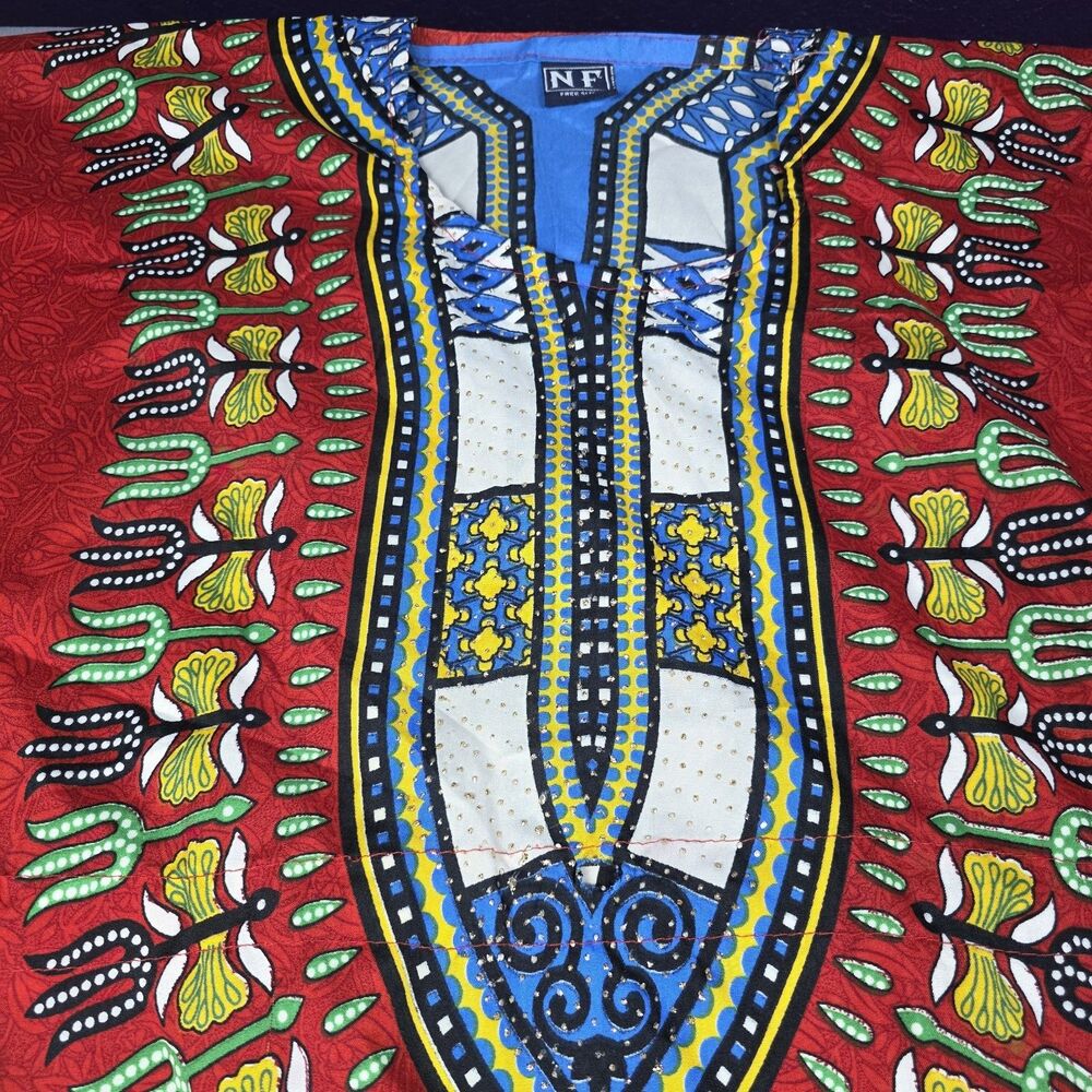 African Dashiki Maxi Dress Kaftan Caftan Red Tribal Print Boho Festival One Size - Picture 2 of 13